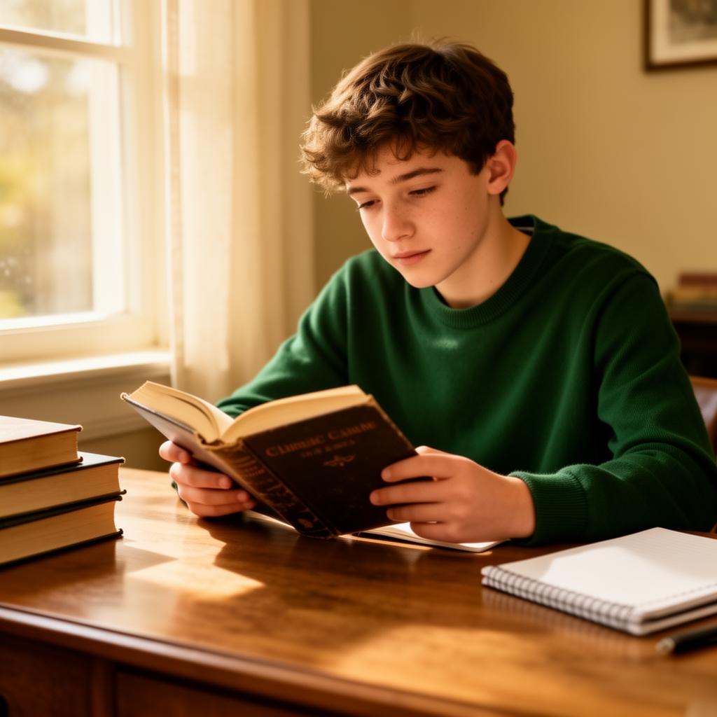 A middle-school student reading a classic novel at a sunlit desk while using Smart-Reader